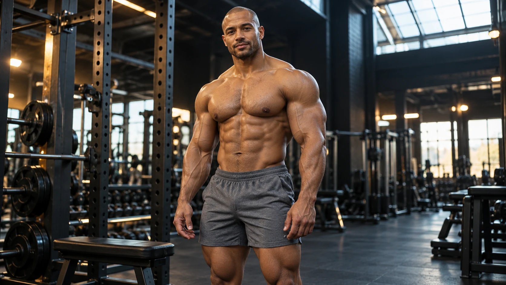 Fictional adult male bodybuilder in a gym, an original fitness illustration for Mass Dateline